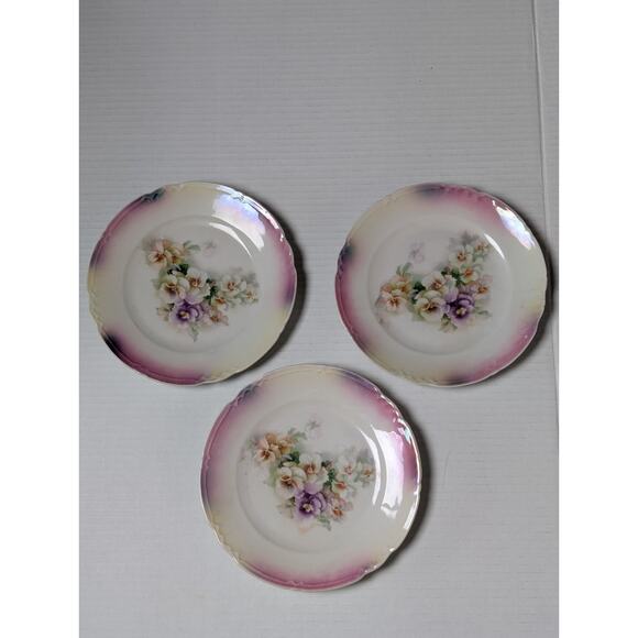 Antique German Lusterware Plates Floral Pansy Set of 3 Pink Iridescent Trim - Picture 1 of 9